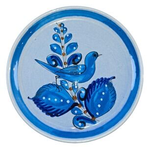 Tonala Large 8" Ceramic Plate Blue Bird Flowers Hand-Painted Mexico VTG Dish